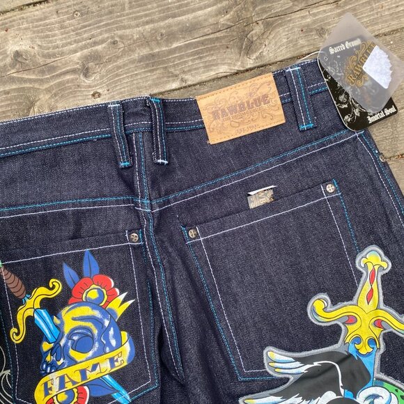 Vintage Y2K Embroidered Raw Blue Vindication Jeans Size 32 Blue BNW - Picture 5 of 7